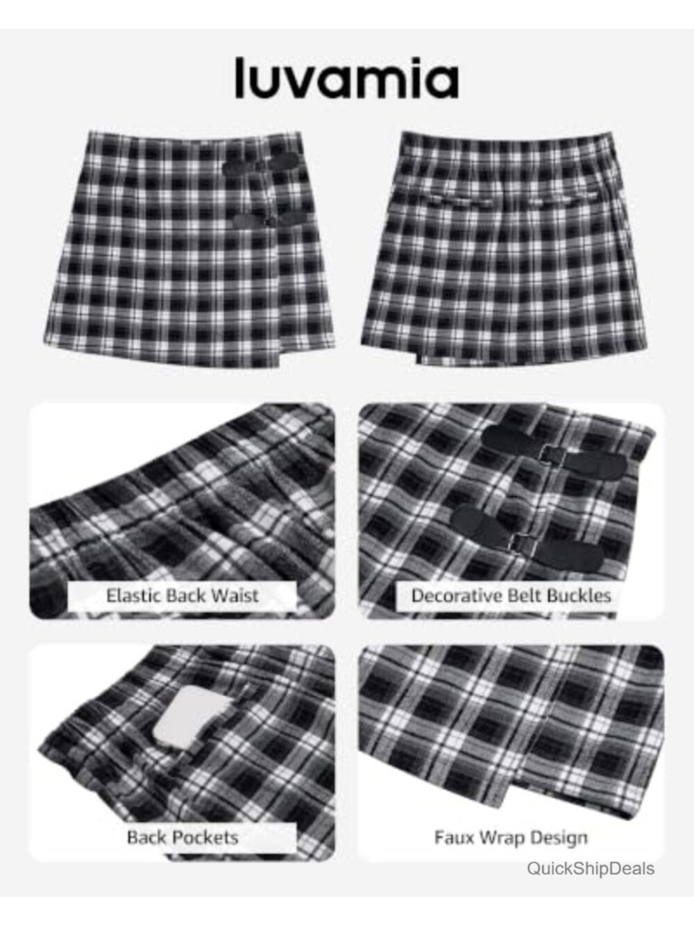Plaid Mini A-Line Wrap Skirt High Waisted Faux Wrap Work Skirt - Picture 4 of 6